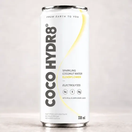 A can of COCO HYDR8 Elderflower on a stone surface