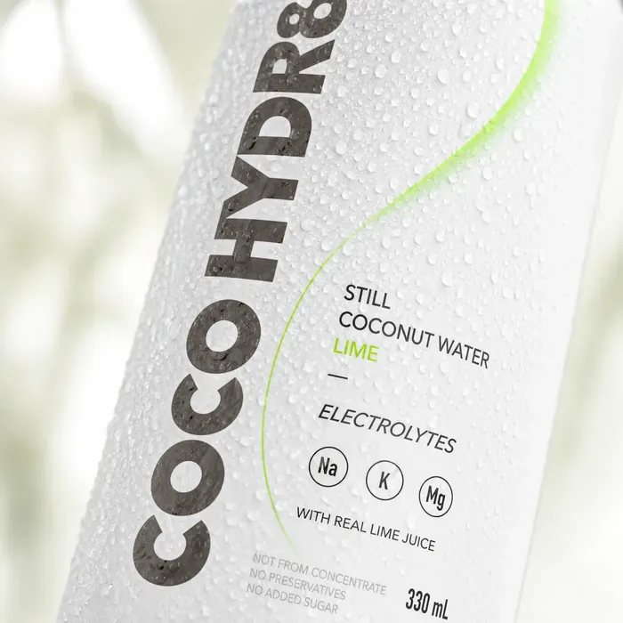 Close-up of the Lime label: still coconut water, electrolytes Na, K and Mg