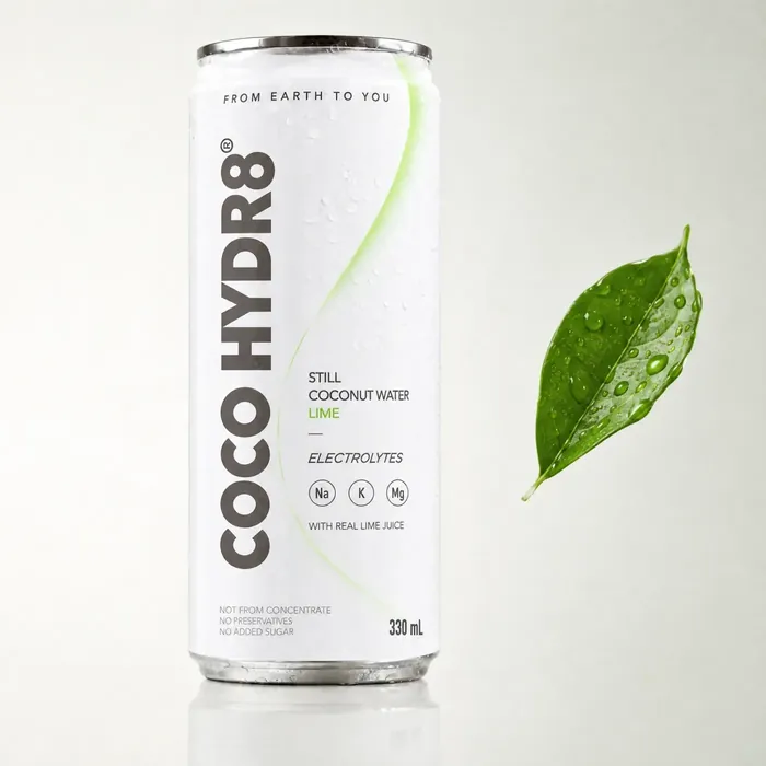 A chilled can of COCO HYDR8 Lime on a pale studio backdrop next to a dewy green leaf