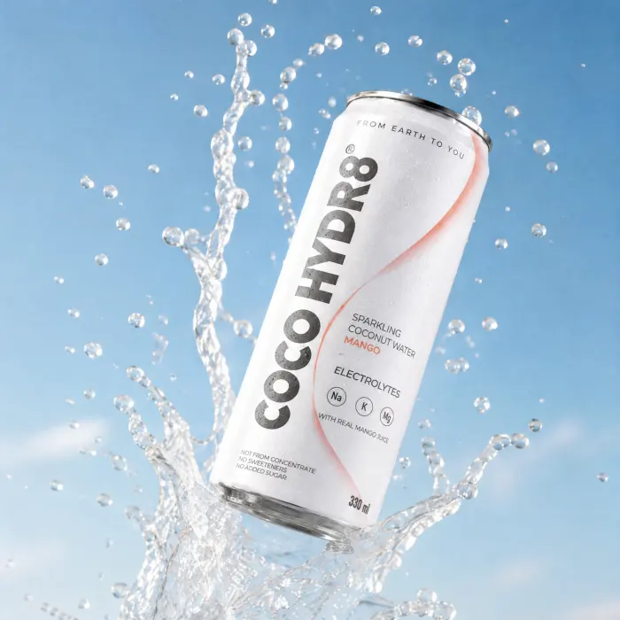A can of COCO HYDR8 Mango in a splash of water against a blue sky
