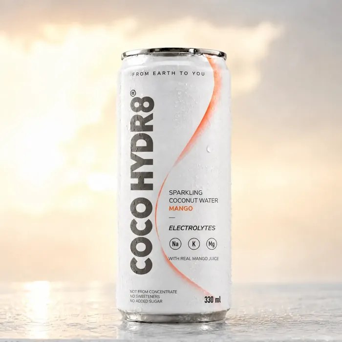 A chilled can of COCO HYDR8 Mango on a wet surface at sunset