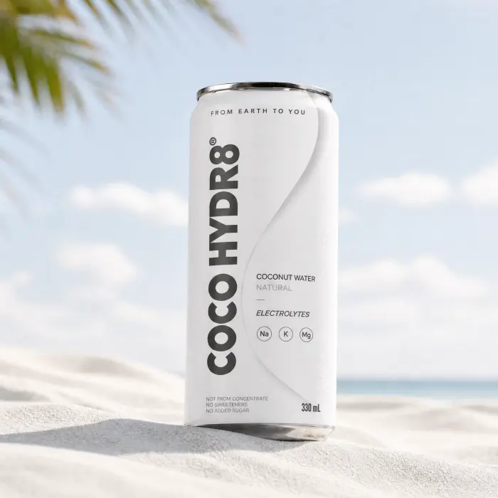 A can of COCO HYDR8 Natural standing in white sand under a palm leaf, the sea behind it