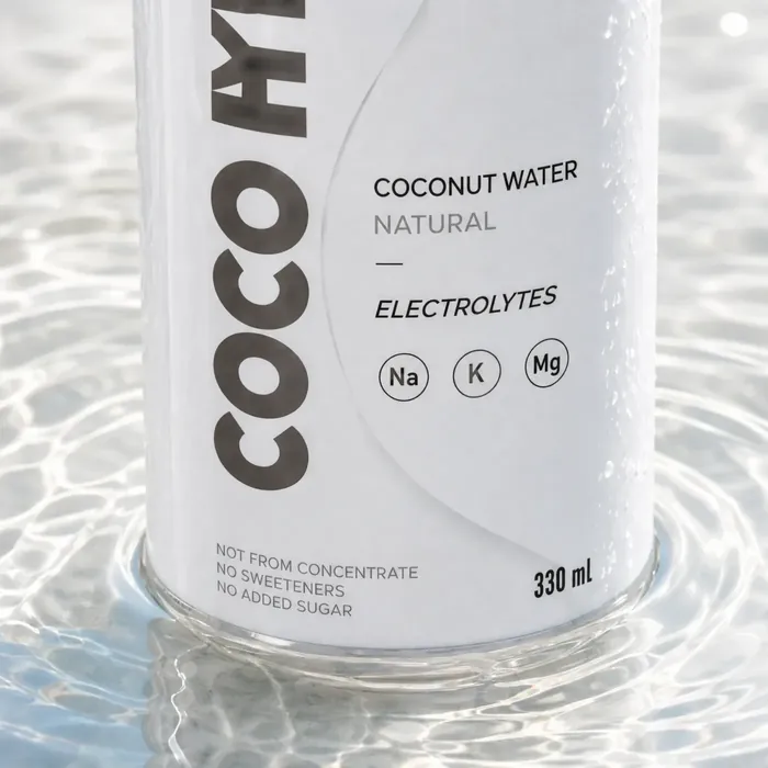 Close-up of the Natural label: coconut water, electrolytes Na, K and Mg