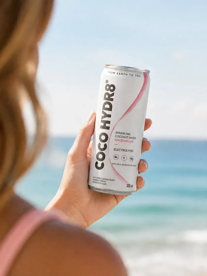 A woman holding a can of COCO HYDR8 Watermelon up against the sea on a sunny day