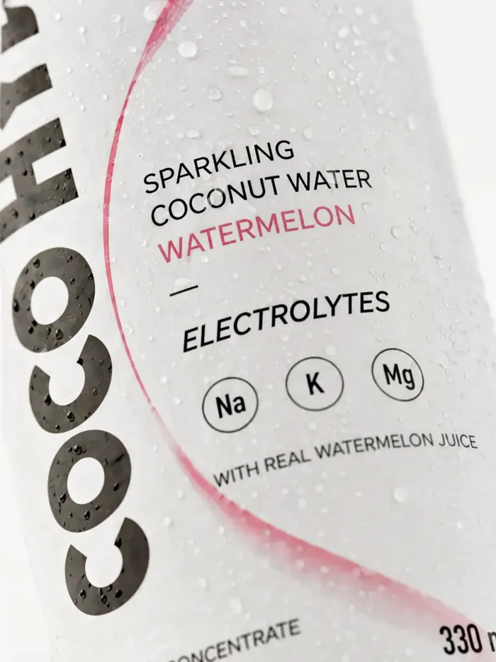 Close-up of the Watermelon label: sparkling coconut water, electrolytes Na, K and Mg